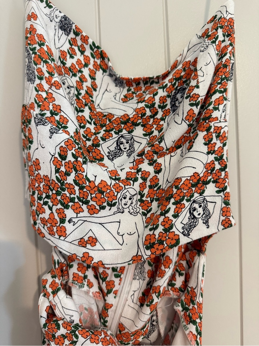 Reformation Cream Strapless Mini Dress with Orange Floral & Figure Print - Picture 4 of 5